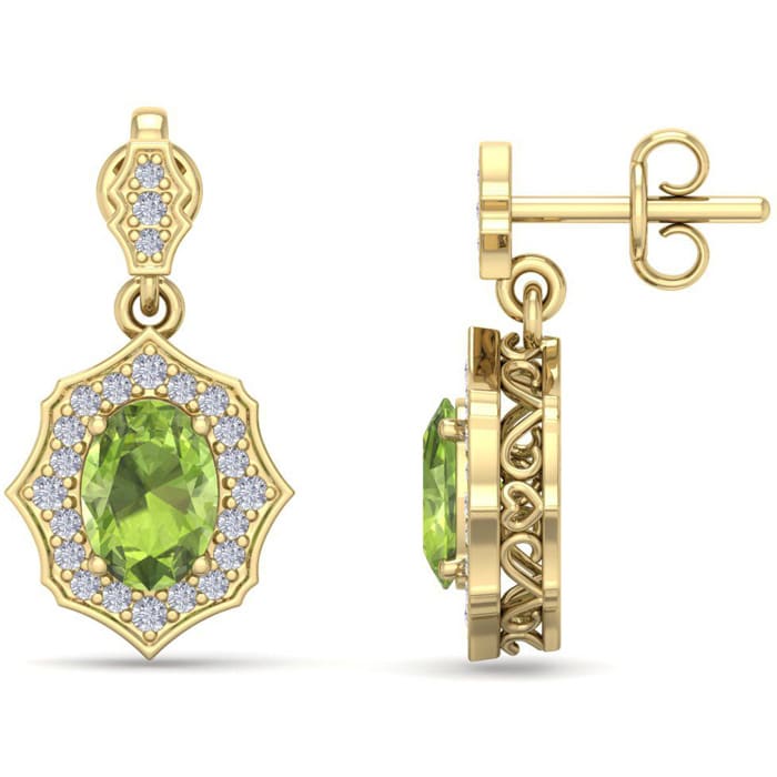 2 Carat Oval Shape Peridot and Diamond Dangle Earrings In 14 Karat Yellow Gold