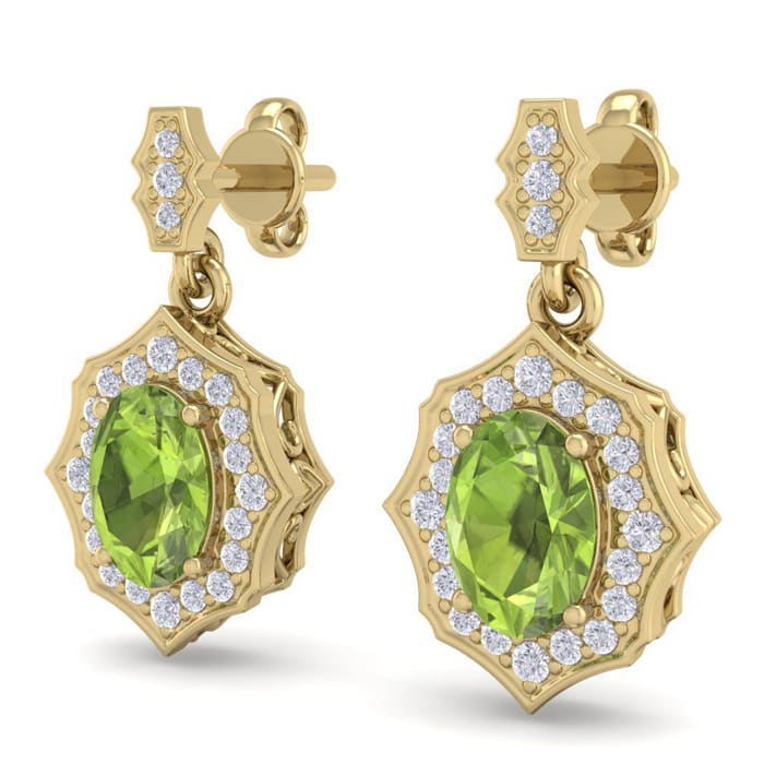 2 Carat Oval Shape Peridot and Diamond Dangle Earrings In 14 Karat Yellow Gold