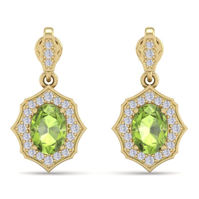 2 Carat Oval Shape Peridot and Diamond Dangle Earrings In 14 Karat Yellow Gold