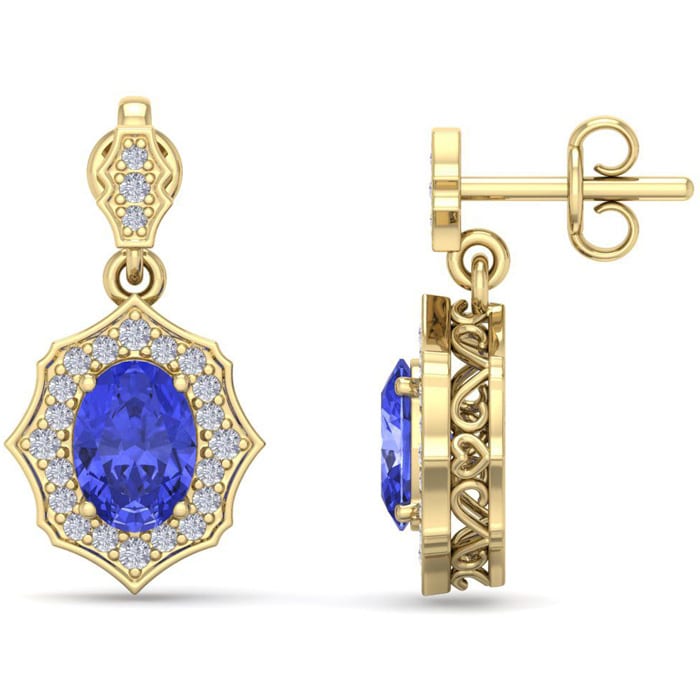 2 1/5 Carat Oval Shape Tanzanite and Diamond Dangle Earrings In 14 Karat Yellow Gold