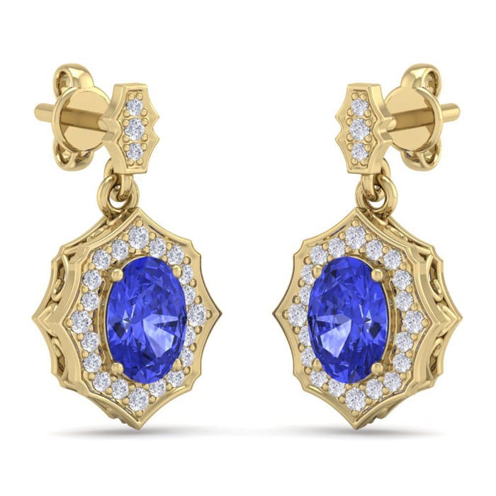 2 1/5 Carat Oval Shape Tanzanite and Diamond Dangle Earrings In 14 Karat Yellow Gold