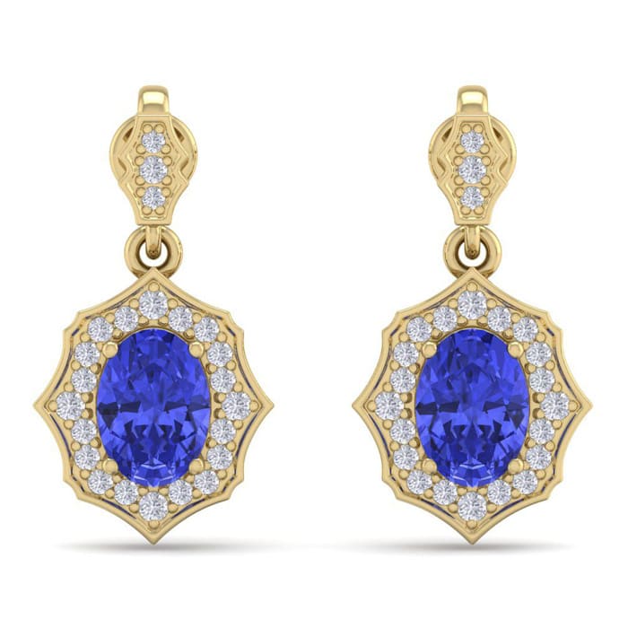 2 1/5 Carat Oval Shape Tanzanite and Diamond Dangle Earrings In 14 Karat Yellow Gold