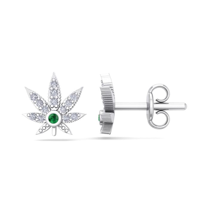 1/4 Carat Diamond and Emerald Weed Leaf Earrings In 14K White Gold