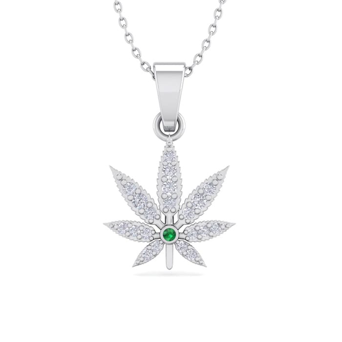 1/4 Carat Diamond and Emerald Weed Leaf Necklace In 14K White Gold