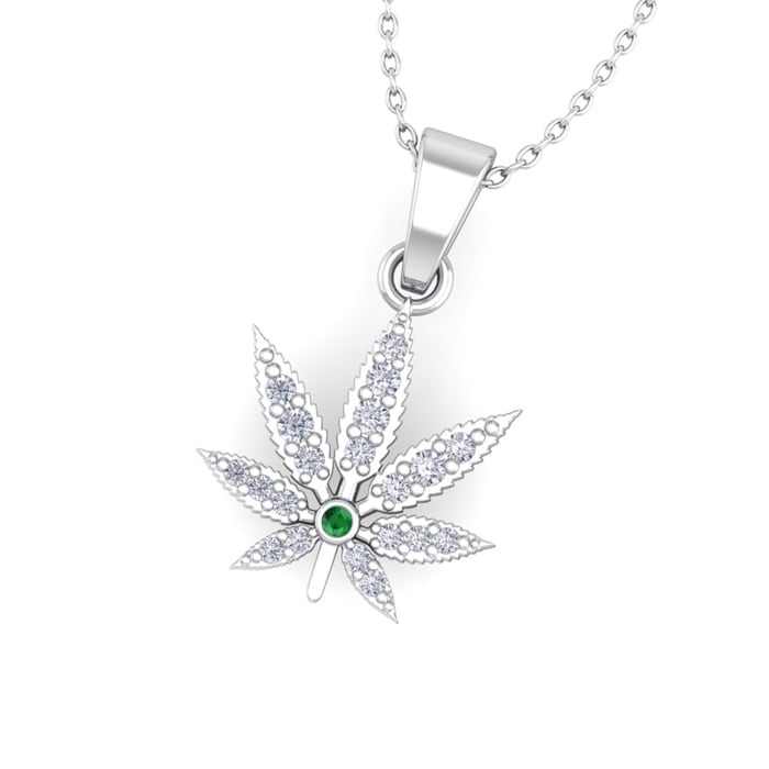 1/4 Carat Diamond and Emerald Weed Leaf Necklace In 14K White Gold