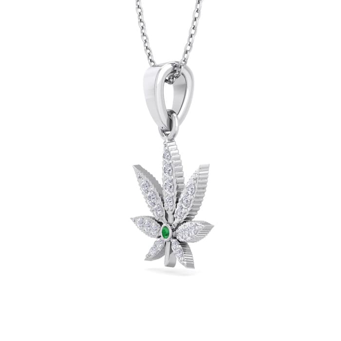 1/4 Carat Diamond and Emerald Weed Leaf Necklace In 14K White Gold