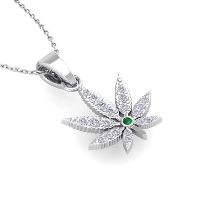 1/4 Carat Diamond and Emerald Weed Leaf Necklace In 14K White Gold