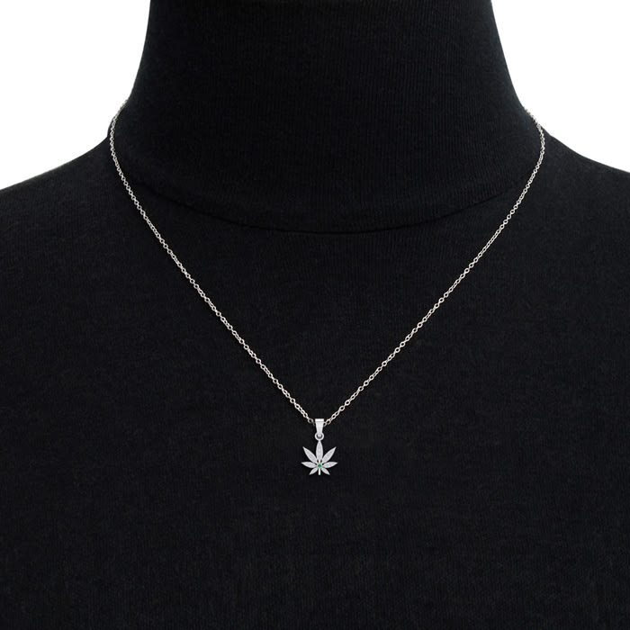 1/4 Carat Diamond and Emerald Weed Leaf Necklace In 14K White Gold
