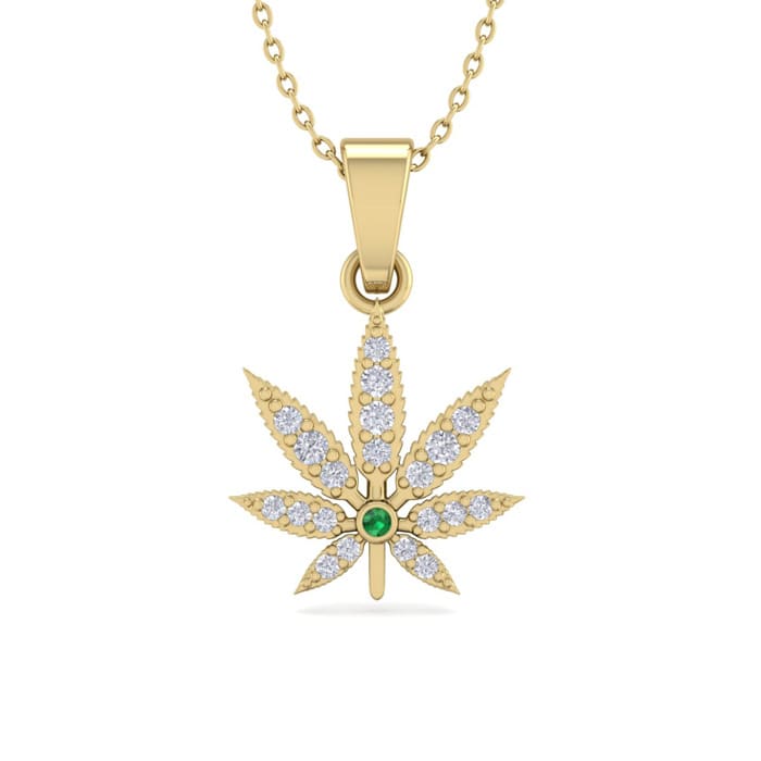 1 4 Carat Diamond and Emerald Weed Leaf Necklace In 14K Yellow Gold