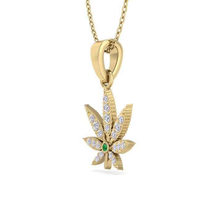 1/4 Carat Diamond and Emerald Weed Leaf Necklace In 14K Yellow Gold