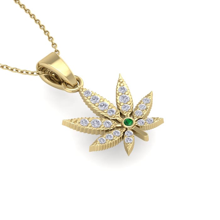 1/4 Carat Diamond and Emerald Weed Leaf Necklace In 14K Yellow Gold