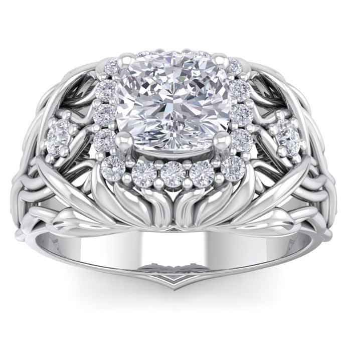 1 1/5 Carat Cushion Cut Halo Diamond Intricate Vine Engagement Ring In 14 Karat White Gold