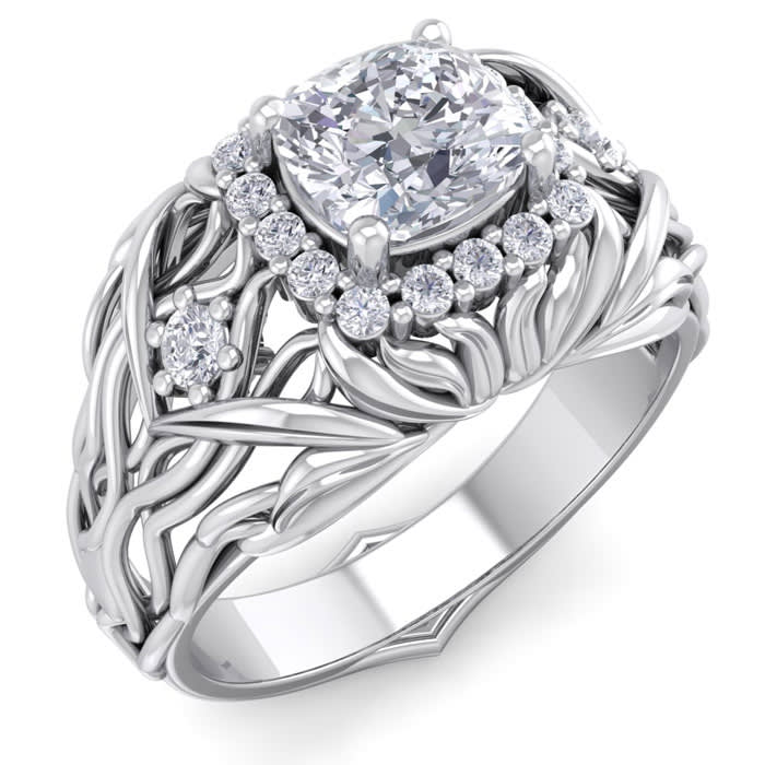 1 1/5 Carat Cushion Cut Halo Diamond Intricate Vine Engagement Ring In 14 Karat White Gold