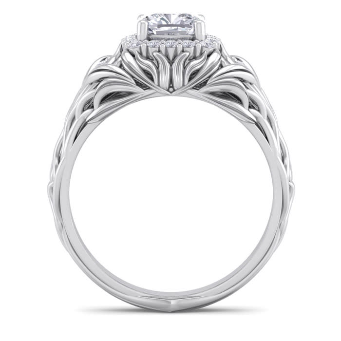 1 1/5 Carat Cushion Cut Halo Diamond Intricate Vine Engagement Ring In 14 Karat White Gold