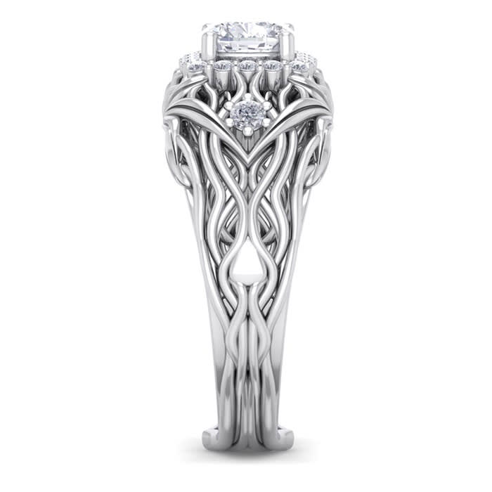 1 1/5 Carat Cushion Cut Halo Diamond Intricate Vine Engagement Ring In 14 Karat White Gold