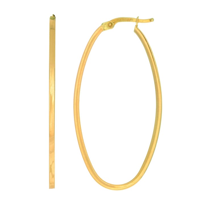 14 Karat Yellow Gold Oval Hoop Earrings, 1 3/4 Inch