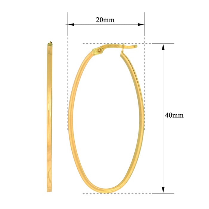 14 Karat Yellow Gold Oval Hoop Earrings, 1 3/4 Inch