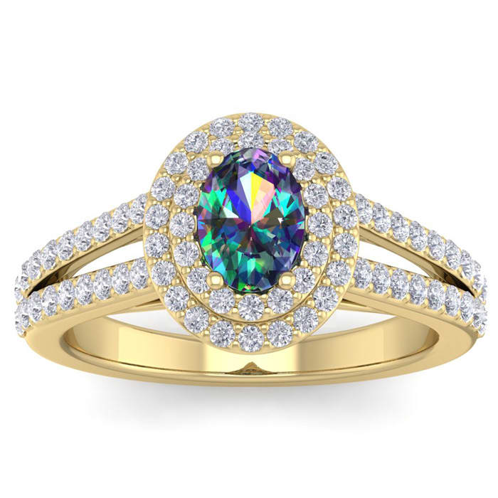 1-3/4 Carat Oval Shape Mystic Topaz Ring With Double Diamond Halo In 14 Karat Yellow Gold