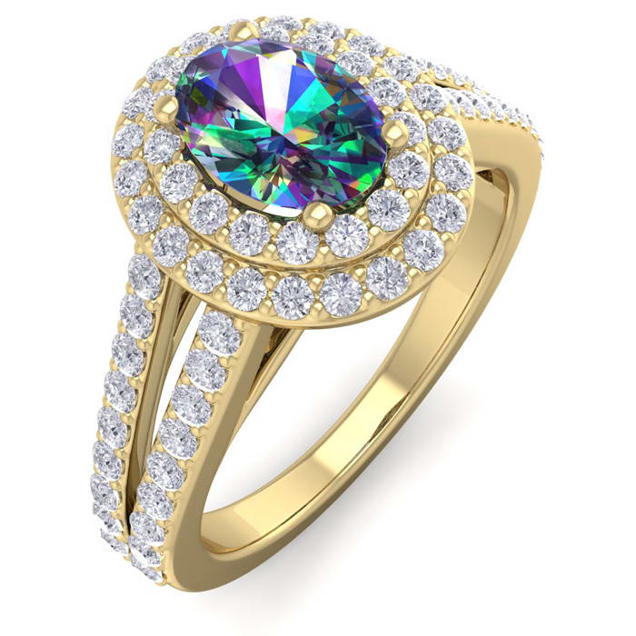 1-3/4 Carat Oval Shape Mystic Topaz Ring With Double Diamond Halo In 14 Karat Yellow Gold