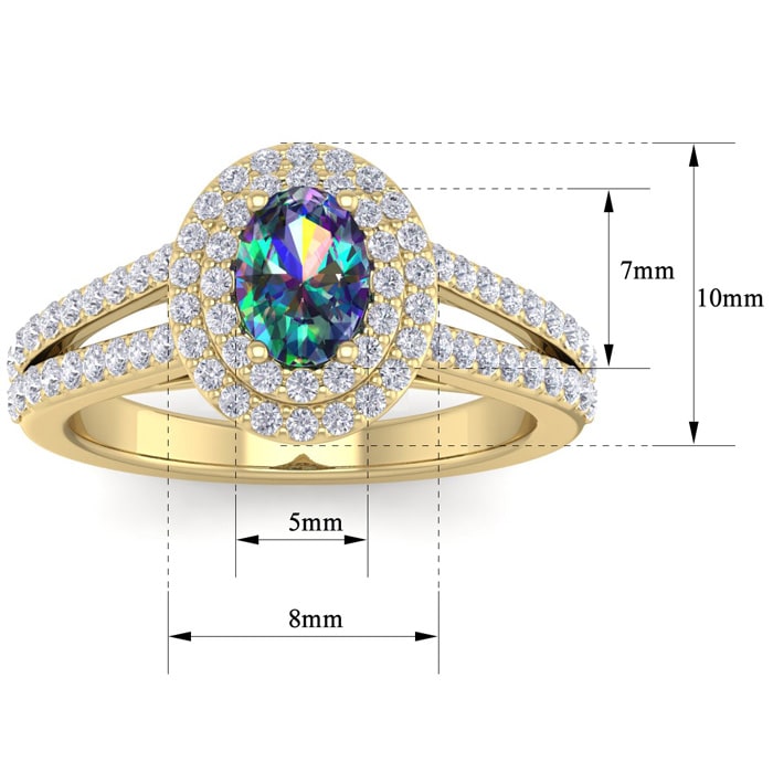 1-3/4 Carat Oval Shape Mystic Topaz Ring With Double Diamond Halo In 14 Karat Yellow Gold