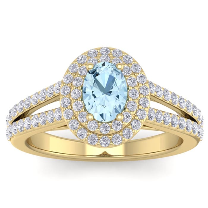 Aquamarine Ring: Aquamarine Jewelry: 1 3/4 Carat Oval Shape Aquamarine and Halo Diamond Ring In 14 Karat Yellow Gold