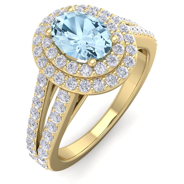 Aquamarine Ring: Aquamarine Jewelry: 1 3/4 Carat Oval Shape Aquamarine and Halo Diamond Ring In 14 Karat Yellow Gold