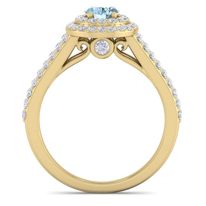 Aquamarine Ring: Aquamarine Jewelry: 1 3/4 Carat Oval Shape Aquamarine and Halo Diamond Ring In 14 Karat Yellow Gold