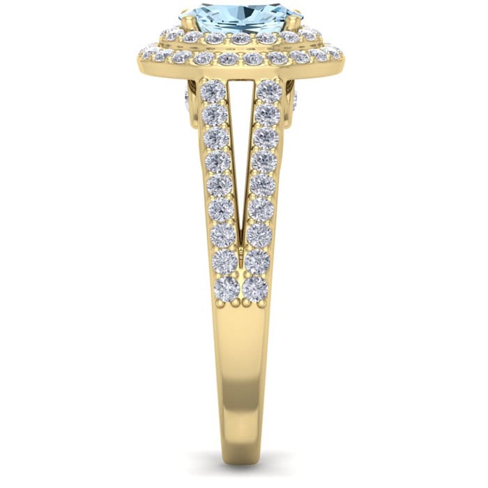 Aquamarine Ring: Aquamarine Jewelry: 1 3/4 Carat Oval Shape Aquamarine and Halo Diamond Ring In 14 Karat Yellow Gold