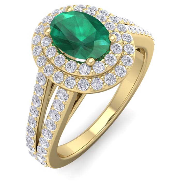 1 3/4 Carat Oval Shape Emerald and Halo Diamond Ring In 14 Karat Yellow Gold
