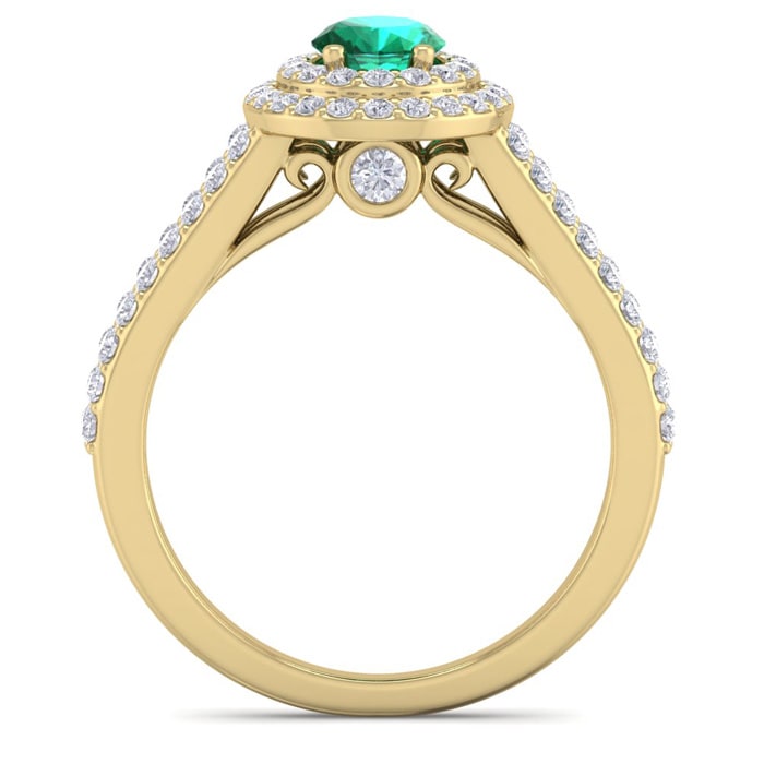 1 3/4 Carat Oval Shape Emerald and Halo Diamond Ring In 14 Karat Yellow Gold