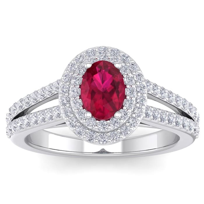 2 Carat Oval Shape Ruby and Halo Diamond Ring In 14 Karat White Gold