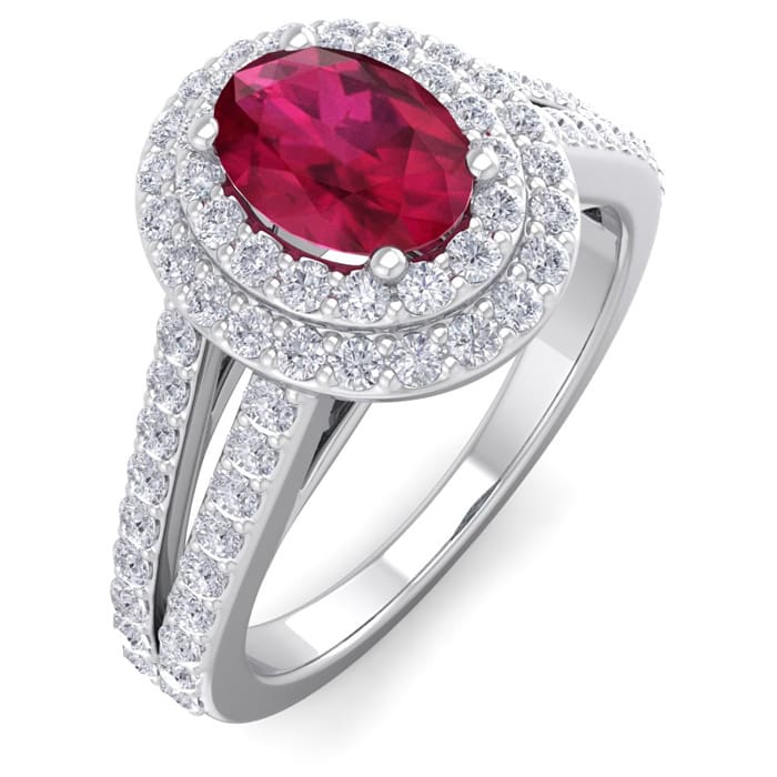2 Carat Oval Shape Ruby and Halo Diamond Ring In 14 Karat White Gold