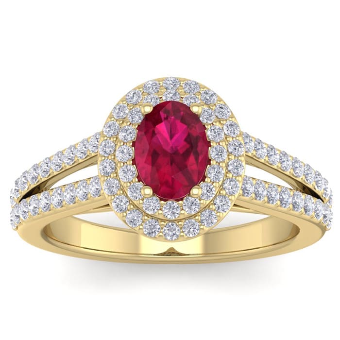 2 Carat Oval Shape Ruby and Halo Diamond Ring In 14 Karat Yellow Gold