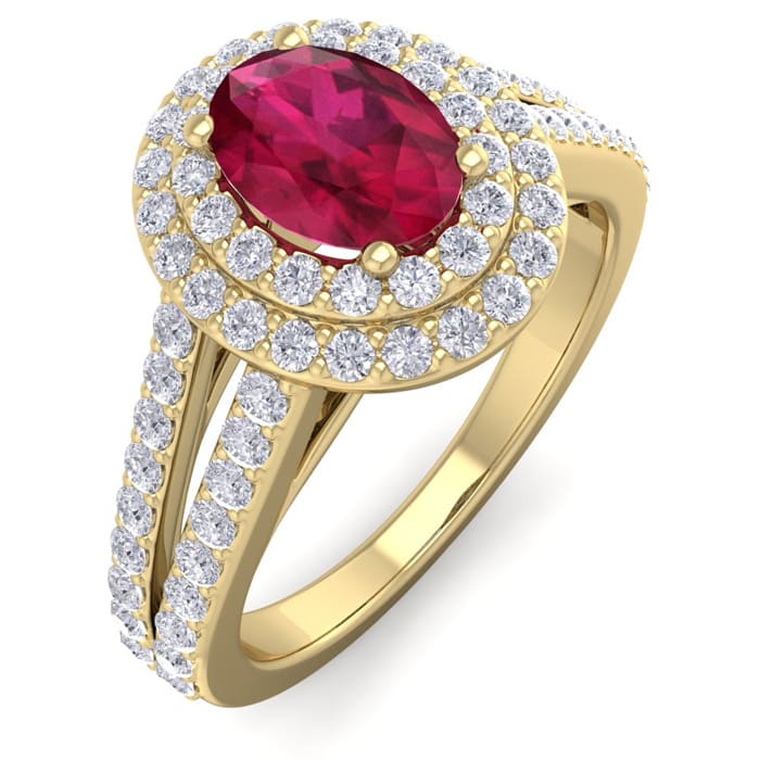 2 Carat Oval Shape Ruby and Halo Diamond Ring In 14 Karat Yellow Gold
