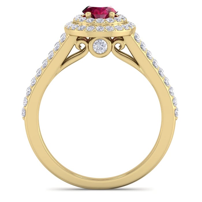 2 Carat Oval Shape Ruby and Halo Diamond Ring In 14 Karat Yellow Gold