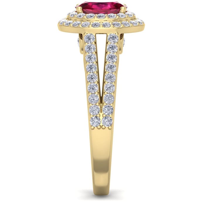 2 Carat Oval Shape Ruby and Halo Diamond Ring In 14 Karat Yellow Gold
