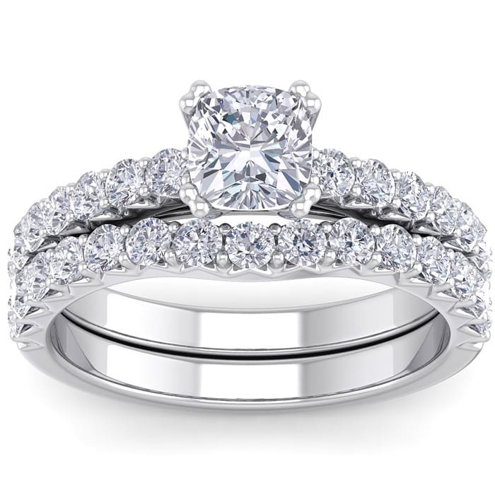 1 3/4 Carat Cushion Cut Diamond Bridal Set In 14 Karat White Gold