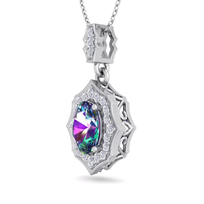 1-1/3 Carat Oval Shape Mystic Topaz Necklace With Fancy Diamond Halo In 14 Karat White Gold, 18 Inches