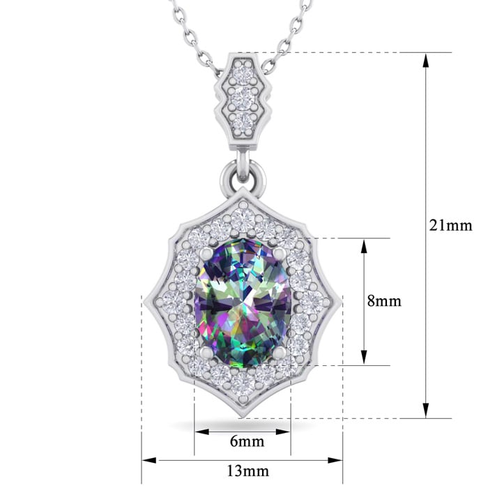 1-1/3 Carat Oval Shape Mystic Topaz Necklace With Fancy Diamond Halo In 14 Karat White Gold, 18 Inches