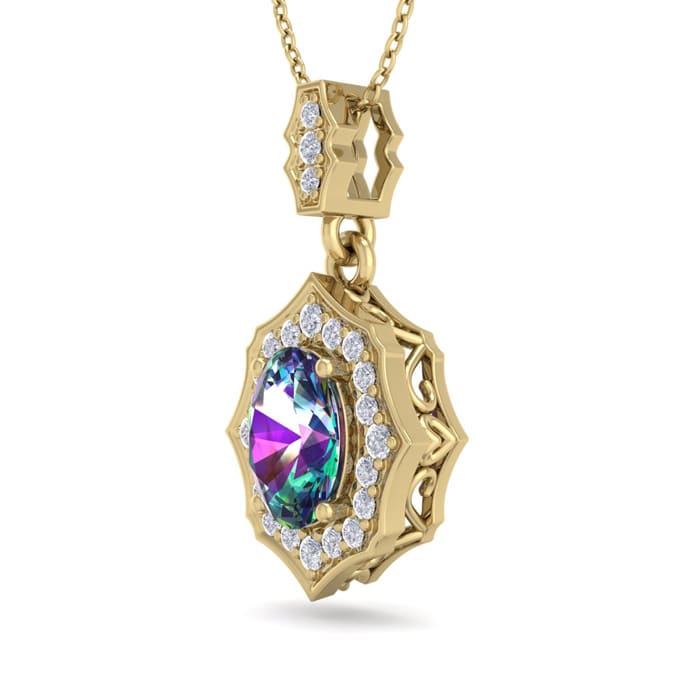 1-1/3 Carat Oval Shape Mystic Topaz Necklace With Fancy Diamond Halo In 14 Karat Yellow Gold, 18 Inches