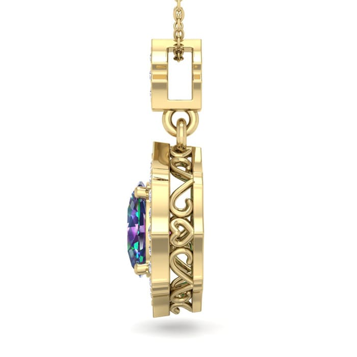 1-1/3 Carat Oval Shape Mystic Topaz Necklace With Fancy Diamond Halo In 14 Karat Yellow Gold, 18 Inches