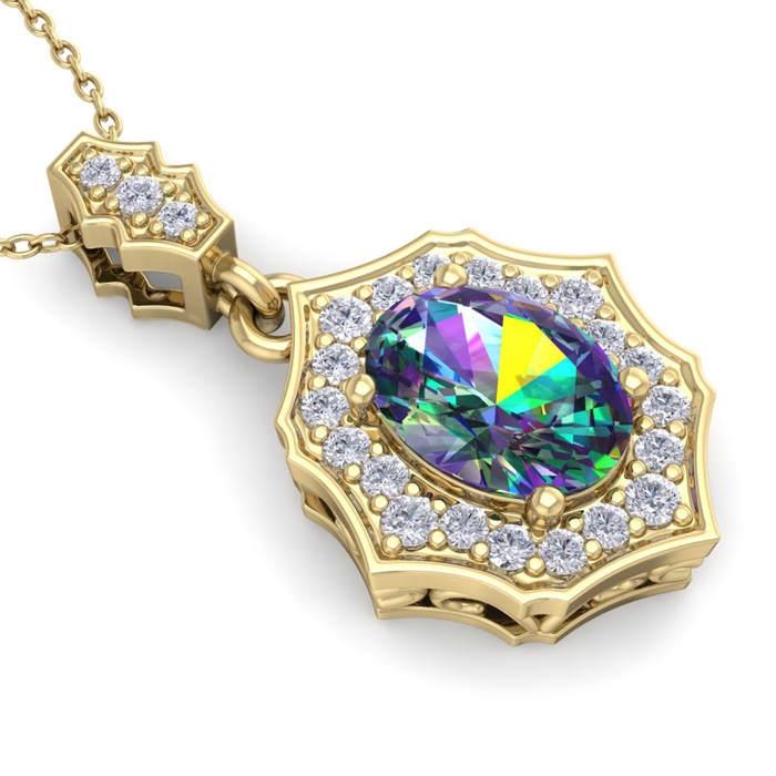 1-1/3 Carat Oval Shape Mystic Topaz Necklace With Fancy Diamond Halo In 14 Karat Yellow Gold, 18 Inches