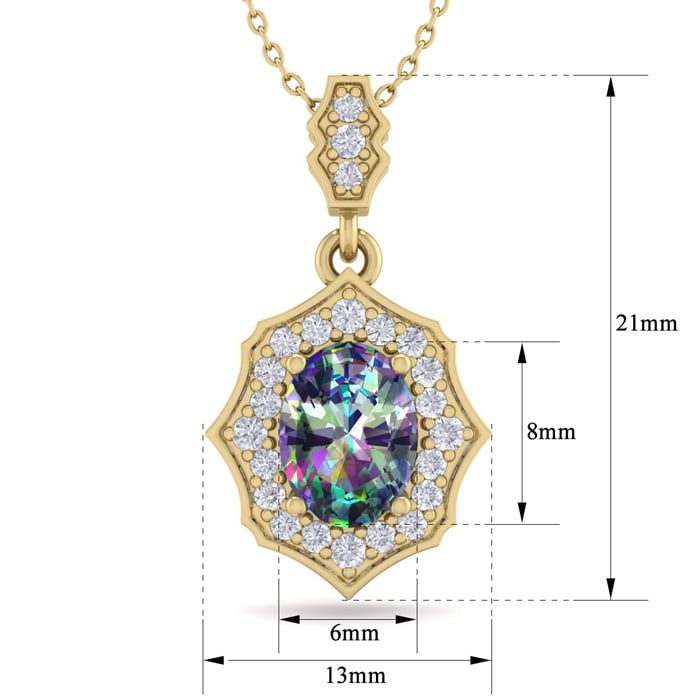 1-1/3 Carat Oval Shape Mystic Topaz Necklace With Fancy Diamond Halo In 14 Karat Yellow Gold, 18 Inches