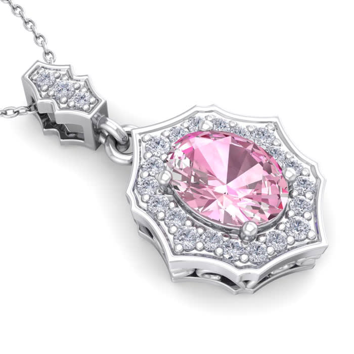 1 3/4 Carat Oval Shape Pink Topaz and Diamond Necklace In 14 Karat White Gold, 18 Inches
