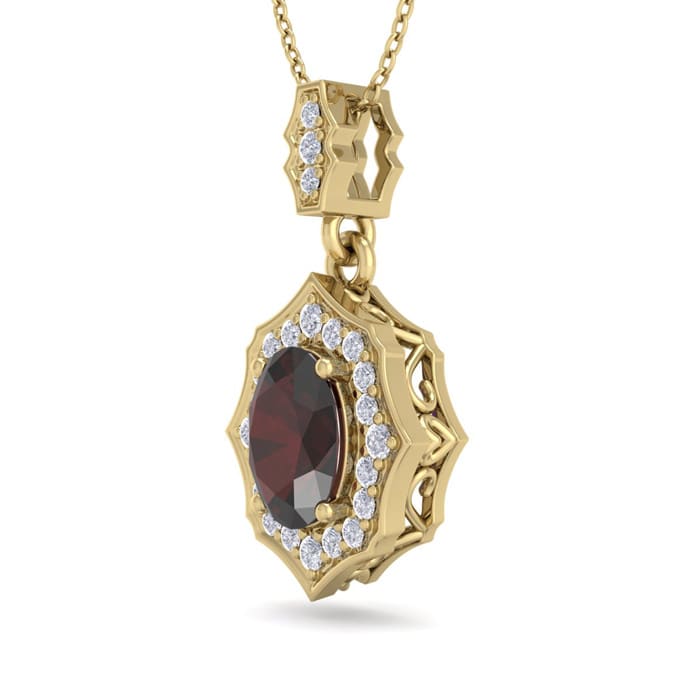 Garnet Necklace: Garnet Jewelry: 1 3/4 Carat Oval Shape Garnet and Diamond Necklace In 14 Karat Yellow Gold, 18 Inches