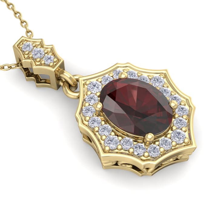 Garnet Necklace: Garnet Jewelry: 1 3/4 Carat Oval Shape Garnet and Diamond Necklace In 14 Karat Yellow Gold, 18 Inches