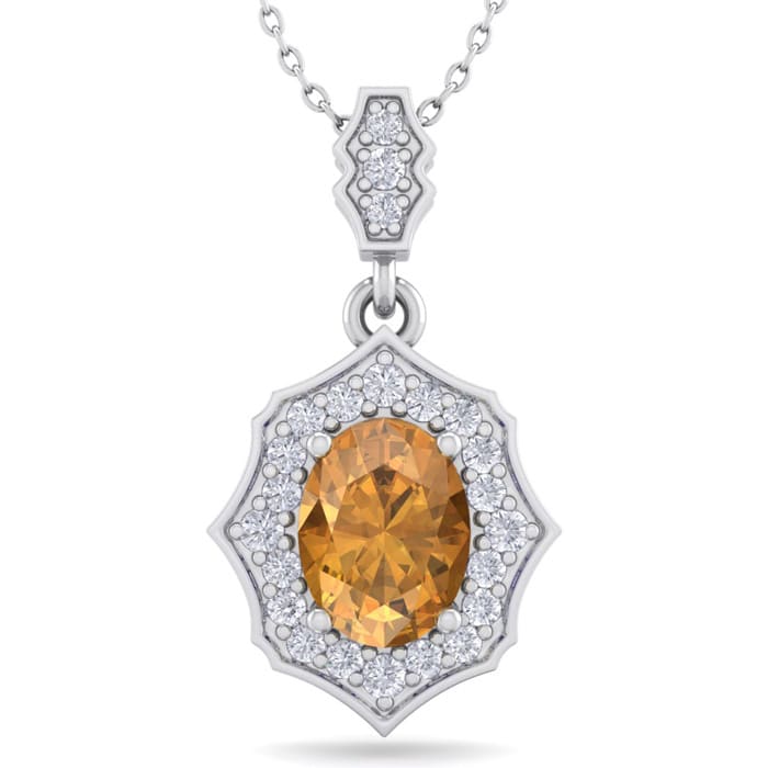 1 1/3 Carat Oval Shape Citrine and Diamond Necklace In 14 Karat White Gold, 18 Inches