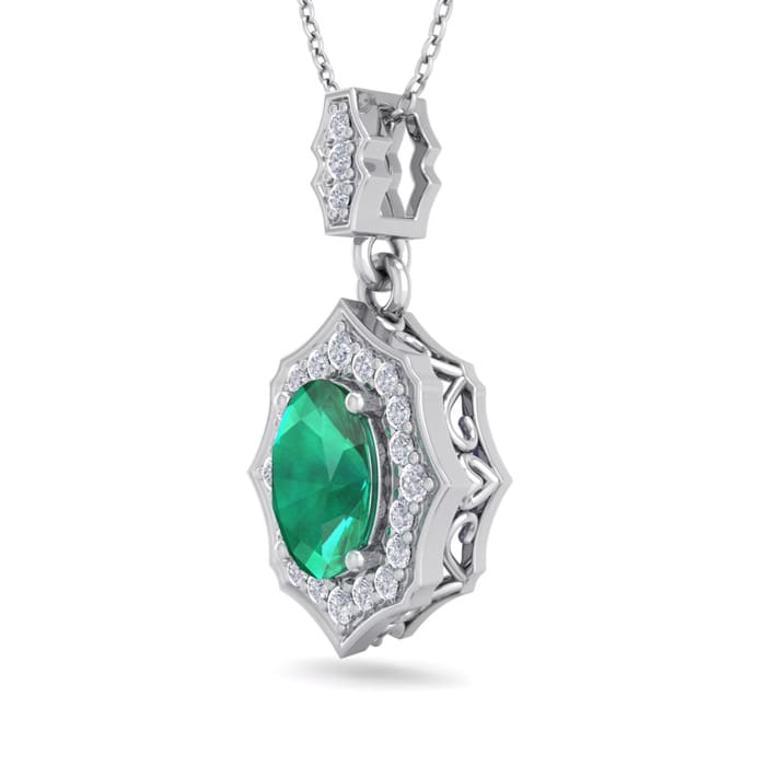 1-1/2 Carat Oval Shape Emerald Necklaces With Diamonds In 14 Karat White Gold, 18 Inch Chain