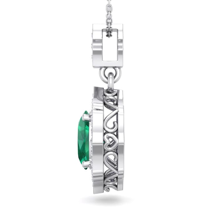 1-1/2 Carat Oval Shape Emerald Necklaces With Diamonds In 14 Karat White Gold, 18 Inch Chain