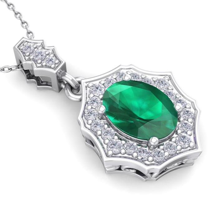 1-1/2 Carat Oval Shape Emerald Necklaces With Diamonds In 14 Karat White Gold, 18 Inch Chain